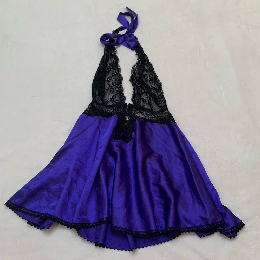 La Vie en Rose Purple Satin Black Lace Halter Lingerie Backless Slip Dress Sz S